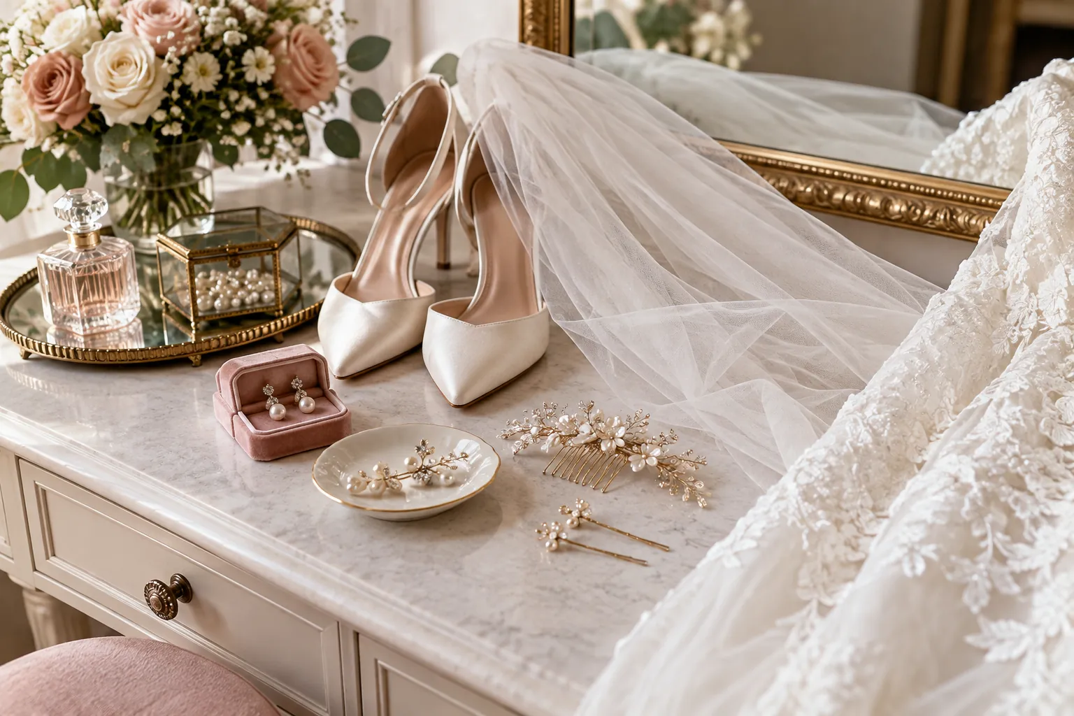 Véu, brincos, presilha e sapatos organizados ao lado do vestido de noiva
