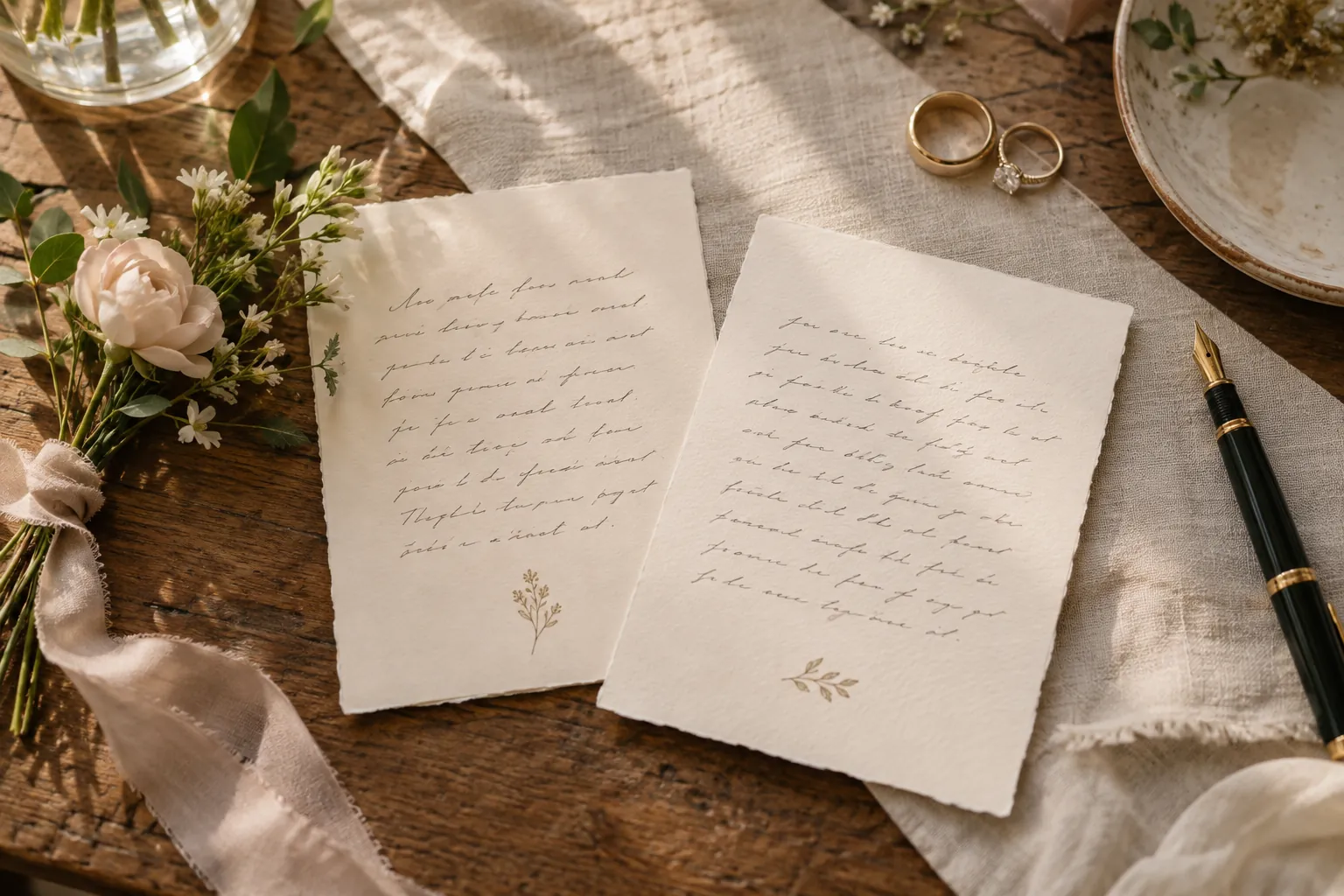 Cartões com votos de casamento escritos à mão