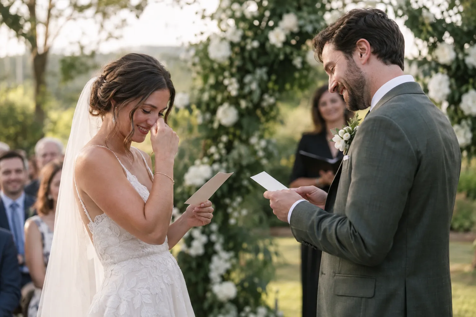 Casal lê votos durante uma cerimônia de casamento
