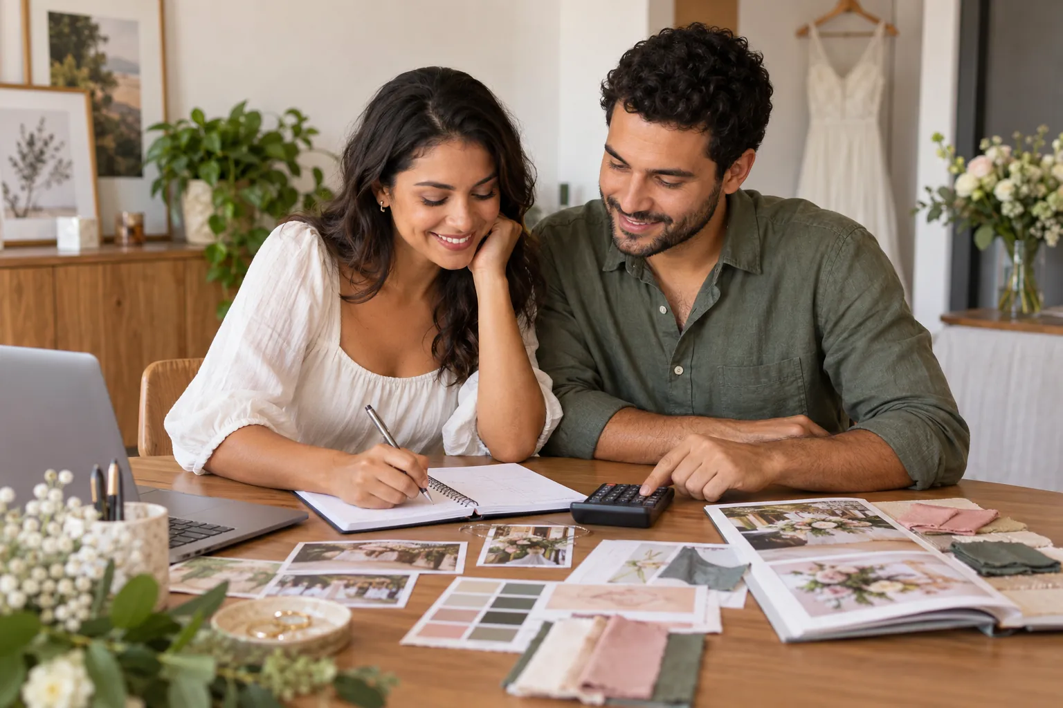 Casal organiza o orçamento do casamento em uma mesa