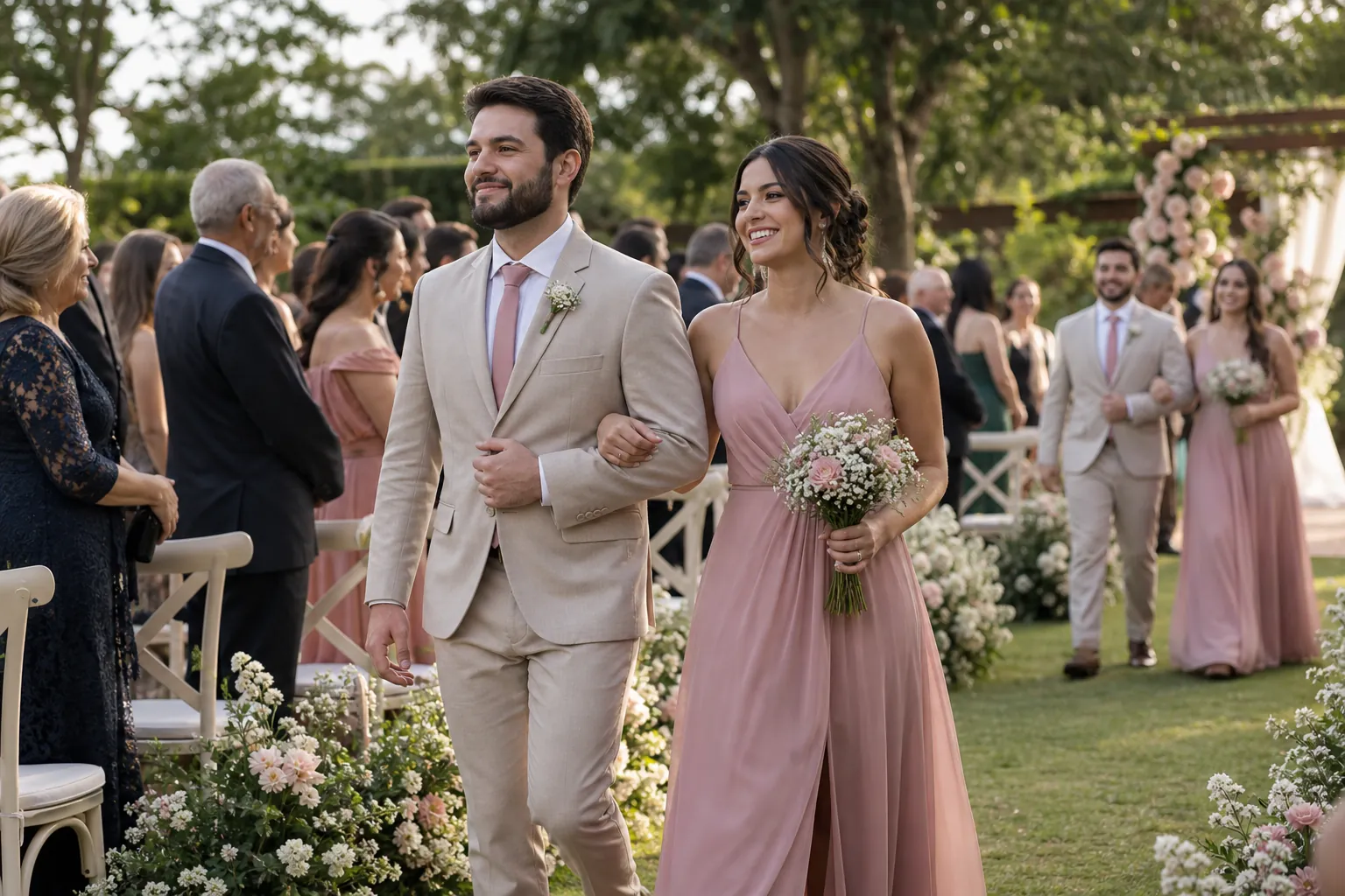 Cortejo entra pelo corredor de uma cerimônia de casamento