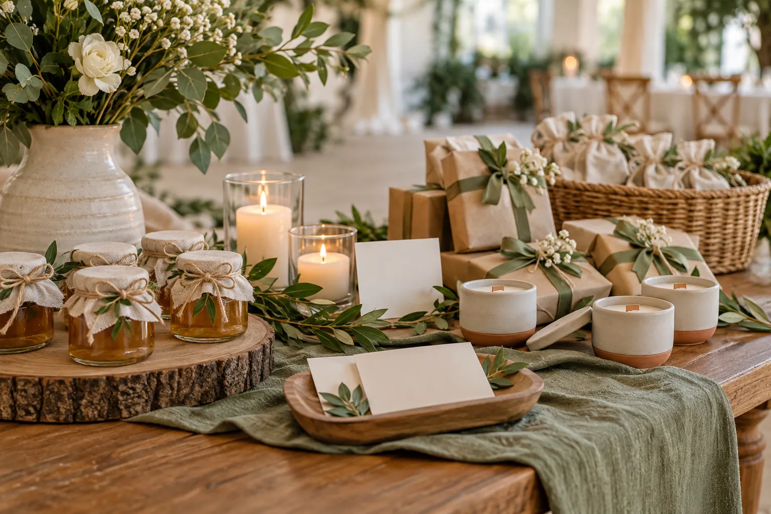 Lembranças de casamento artesanais organizadas sobre uma mesa