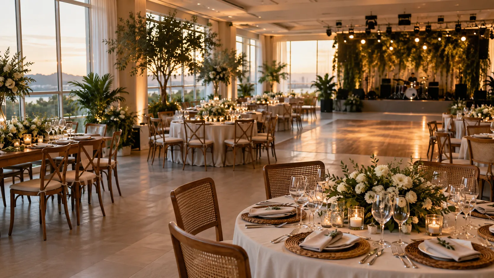 Salão preparado para uma recepção de casamento