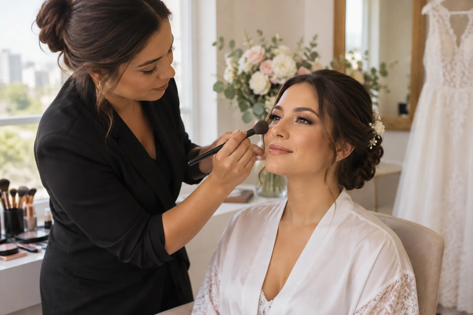Maquiadora profissional preparando uma noiva para o casamento
