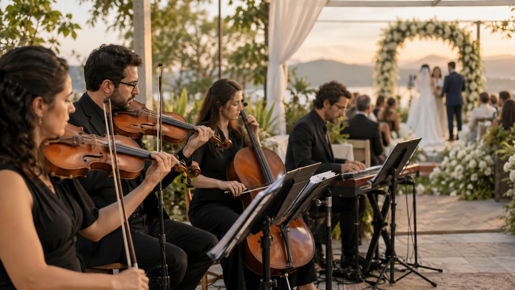 Músicos tocam ao vivo durante cerimônia de casamento