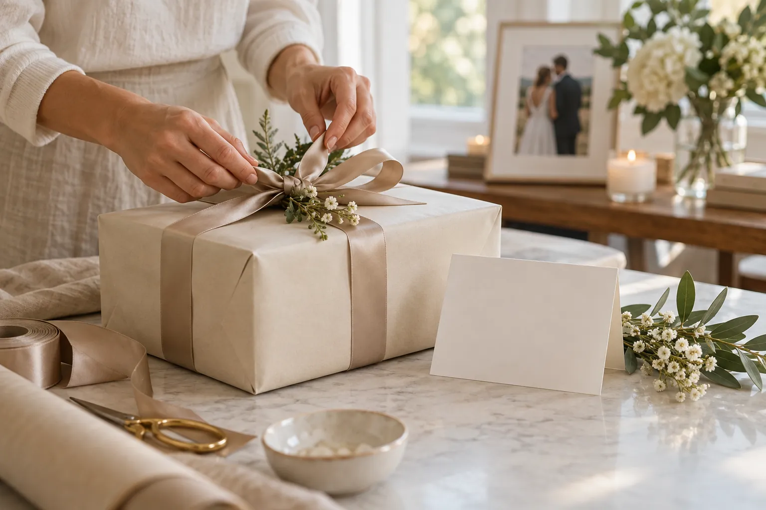 Presente de casamento embalado com fita e flores delicadas