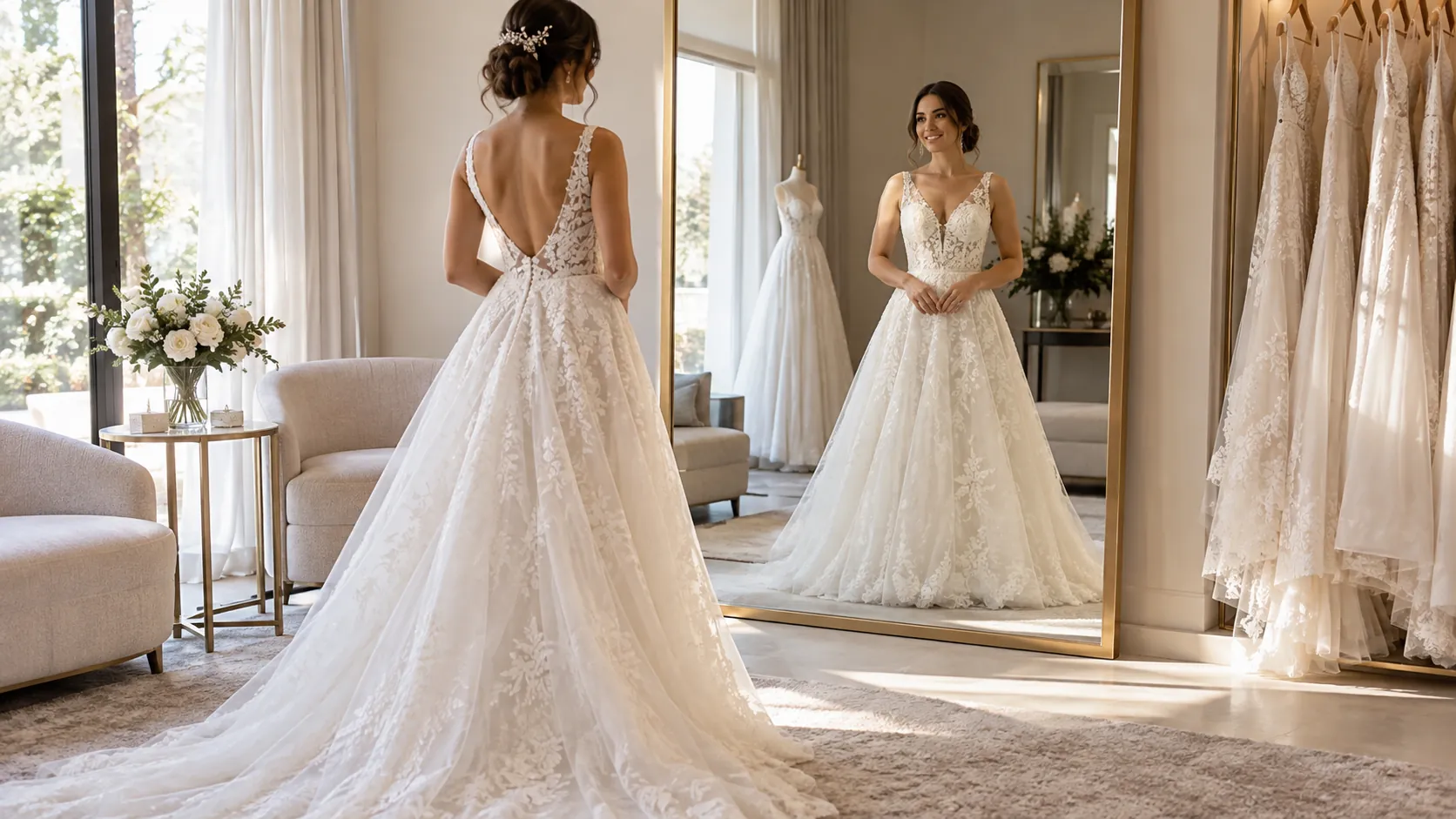 Noiva observa o vestido no espelho durante prova em atelier
