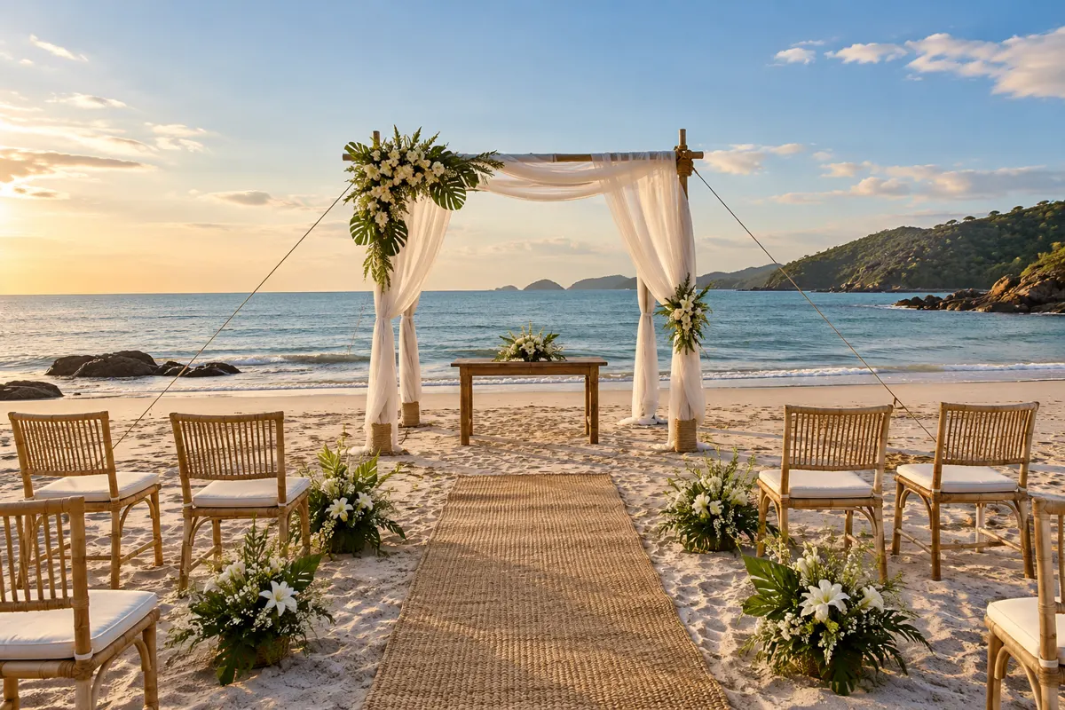 Estrutura de cerimônia de casamento montada na areia diante do mar