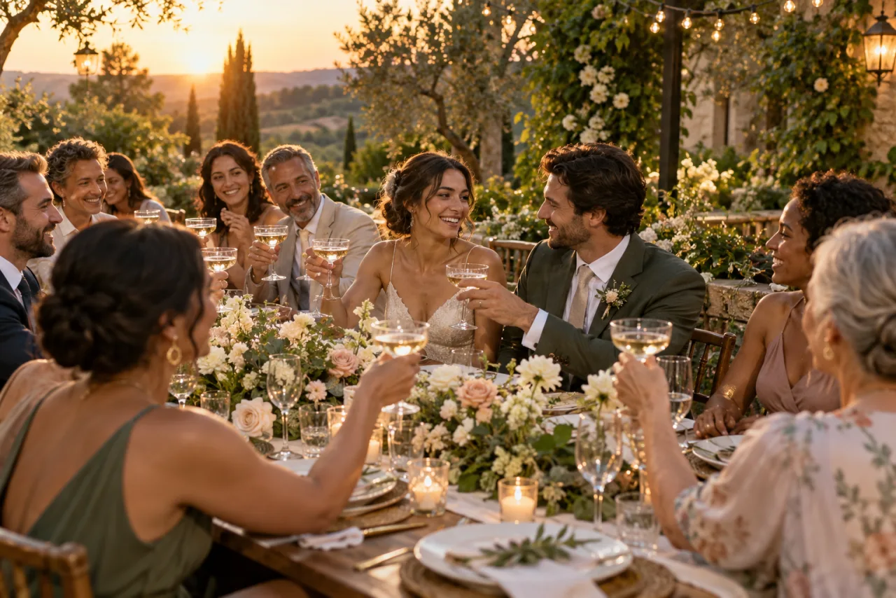 Casal celebrando um casamento pequeno à mesa com familiares e amigos próximos