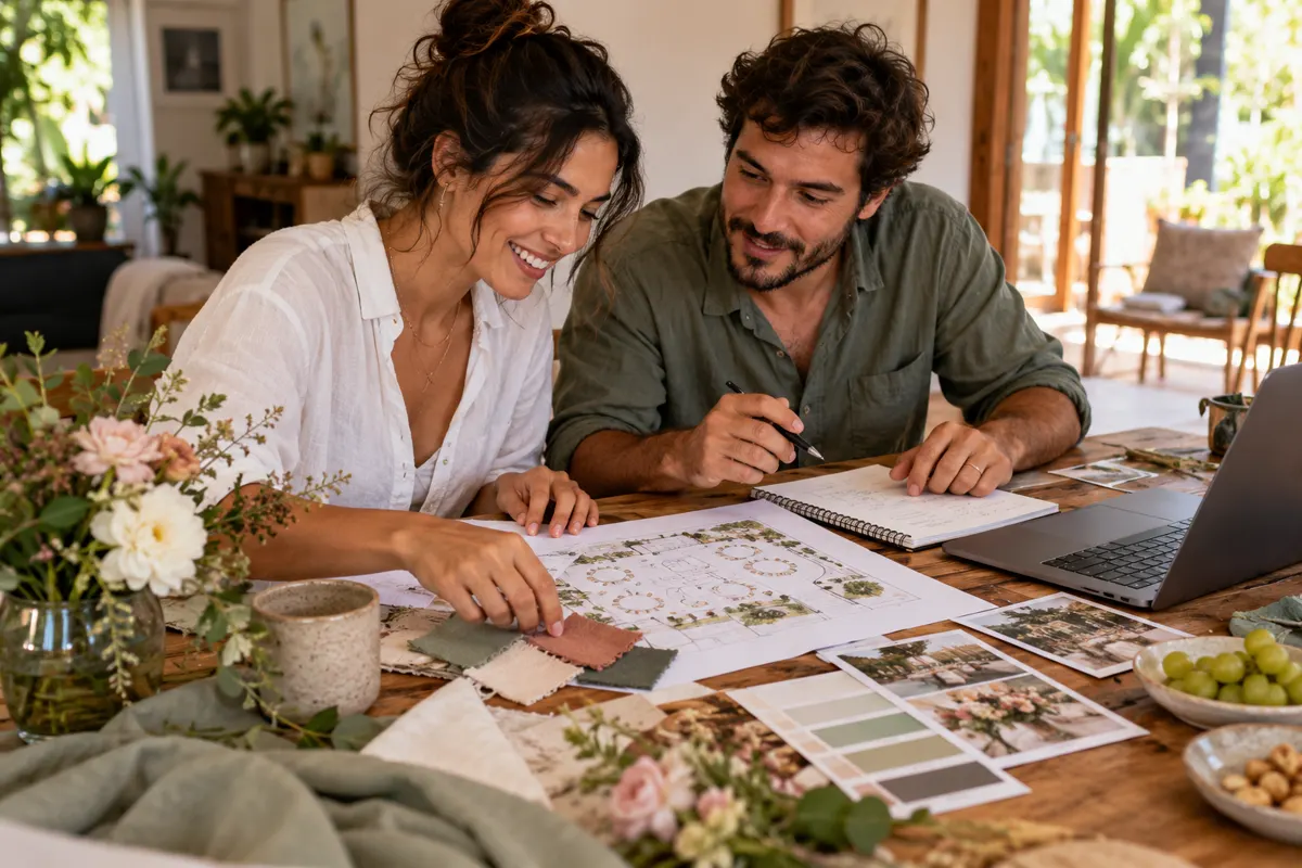 Casal planeja junto detalhes do casamento com caderno, referências e amostras