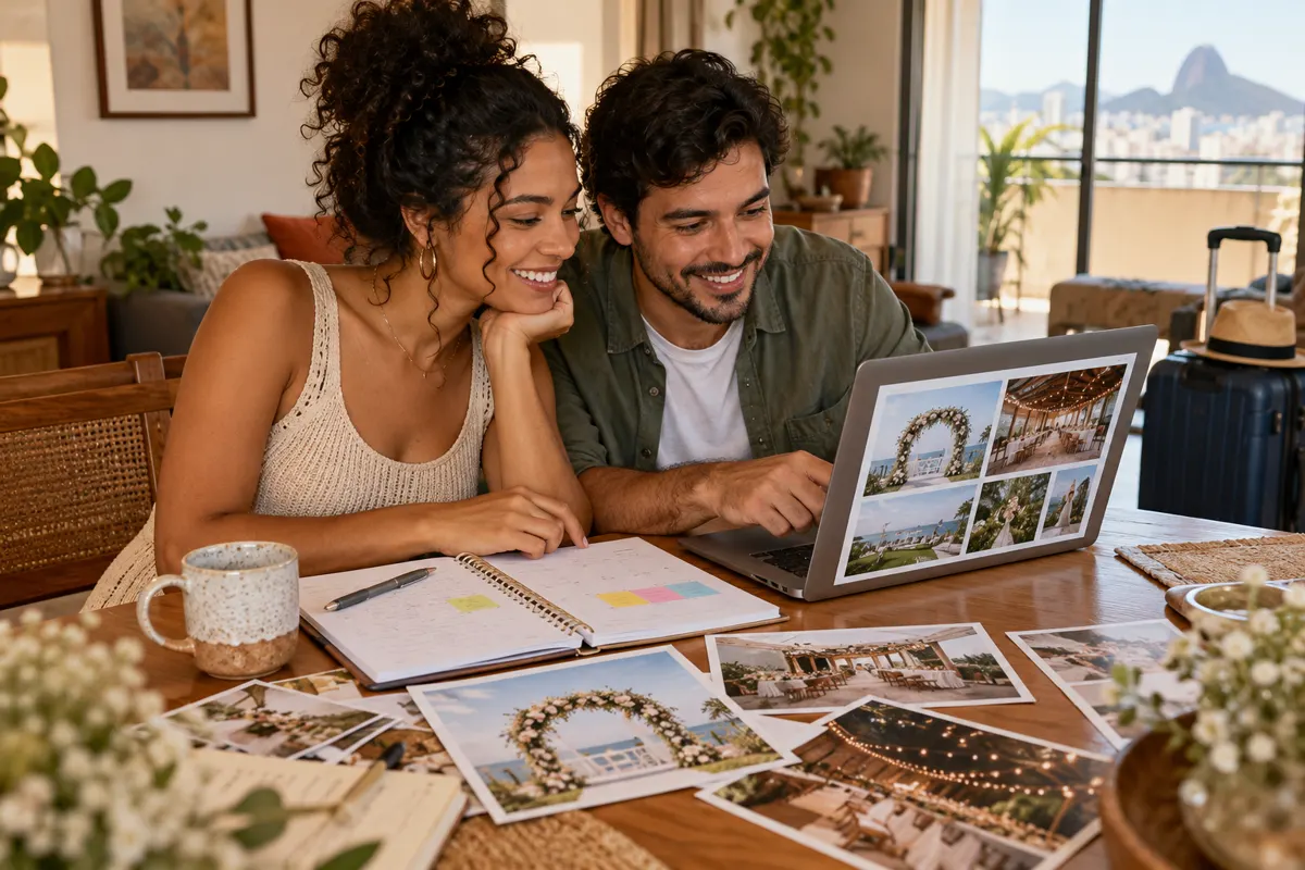 Casal organiza casamento de outra cidade com calendário e fotos de espaços