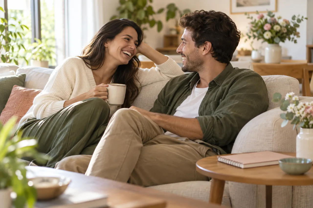 Casal conversa e sorri junto em casa