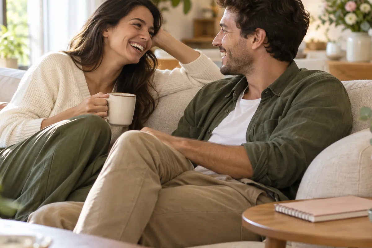 Casal conversa e ri junto em uma sala iluminada