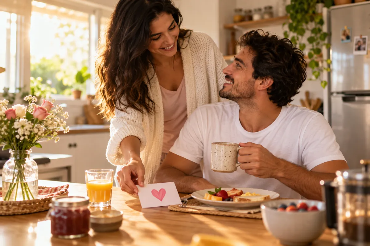 Casal trocando um gesto de carinho durante o café da manhã