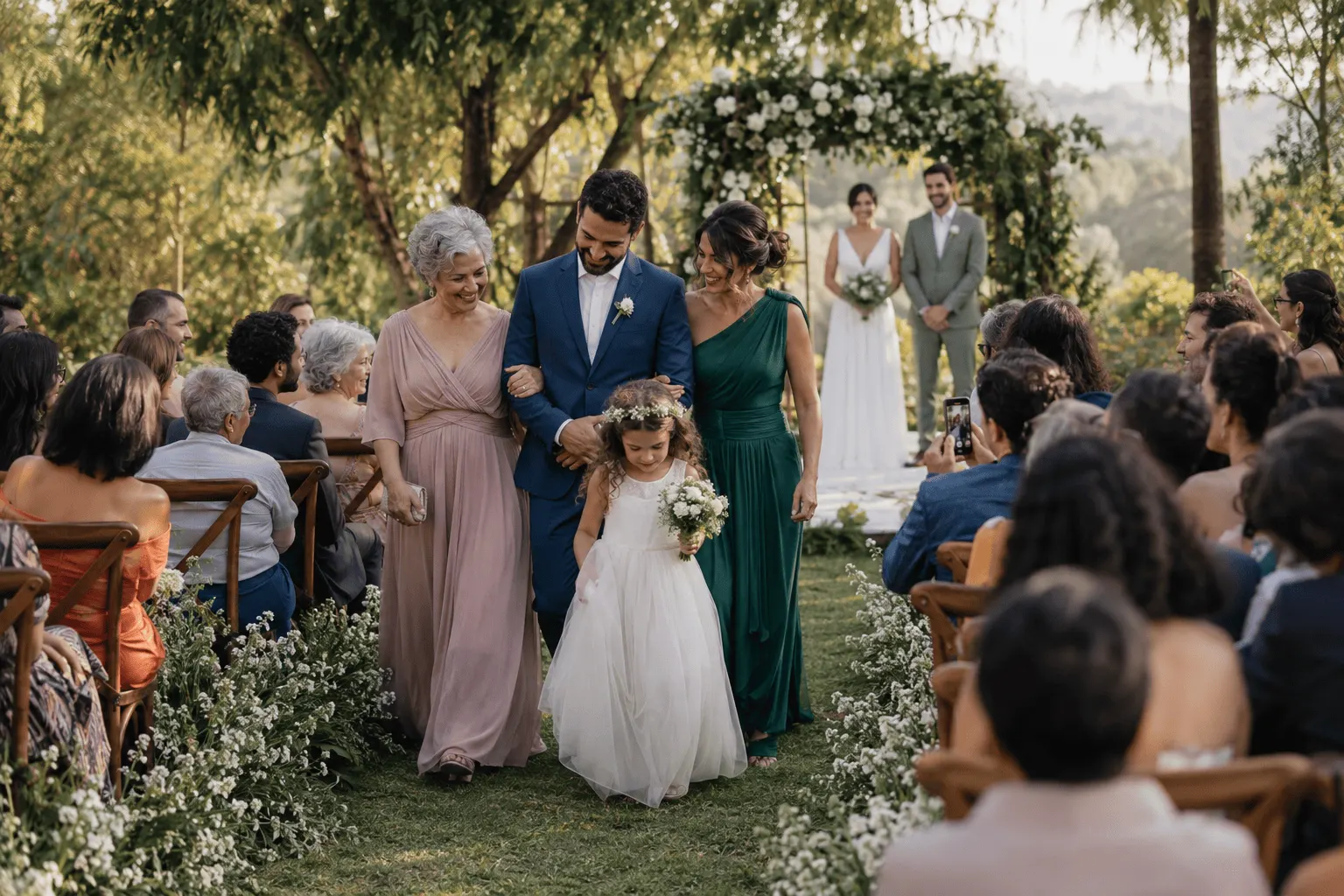 Familiares participam do cortejo de casamento