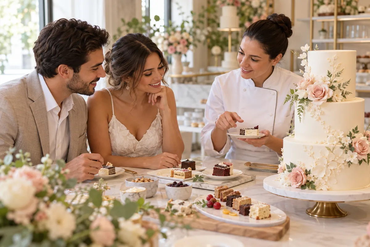 Casal degustando sabores de bolo de casamento com uma confeiteira