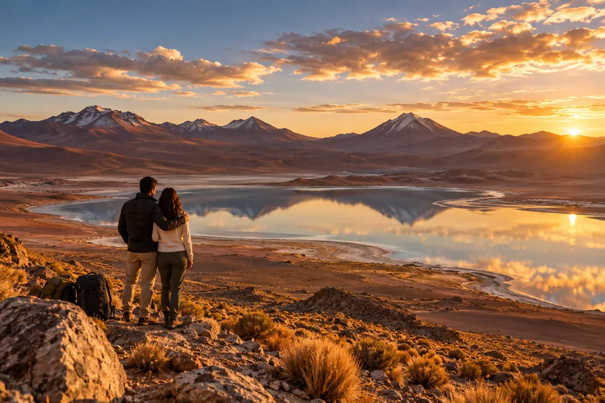 Casal em lua de mel diante de uma paisagem andina na América do Sul