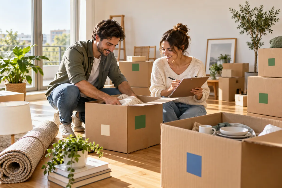 Casal organizando caixas e checklist durante a mudança para a casa nova
