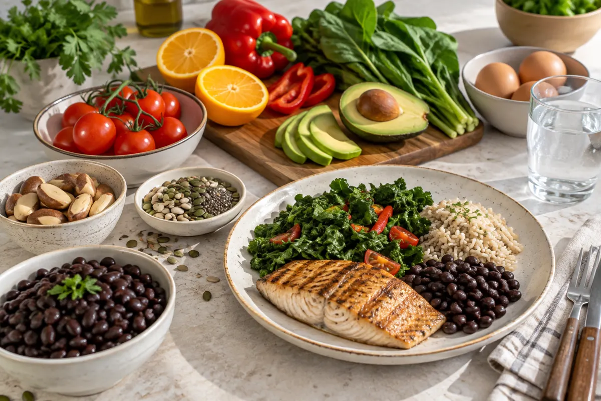 Refeição equilibrada com feijão, vegetais, peixe, sementes e frutas