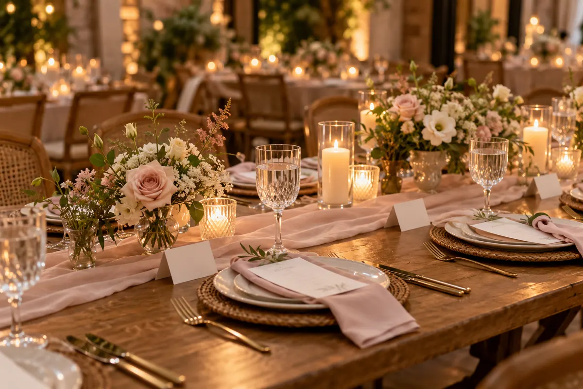 Mesa de recepção de casamento com lugares preparados, água e flores