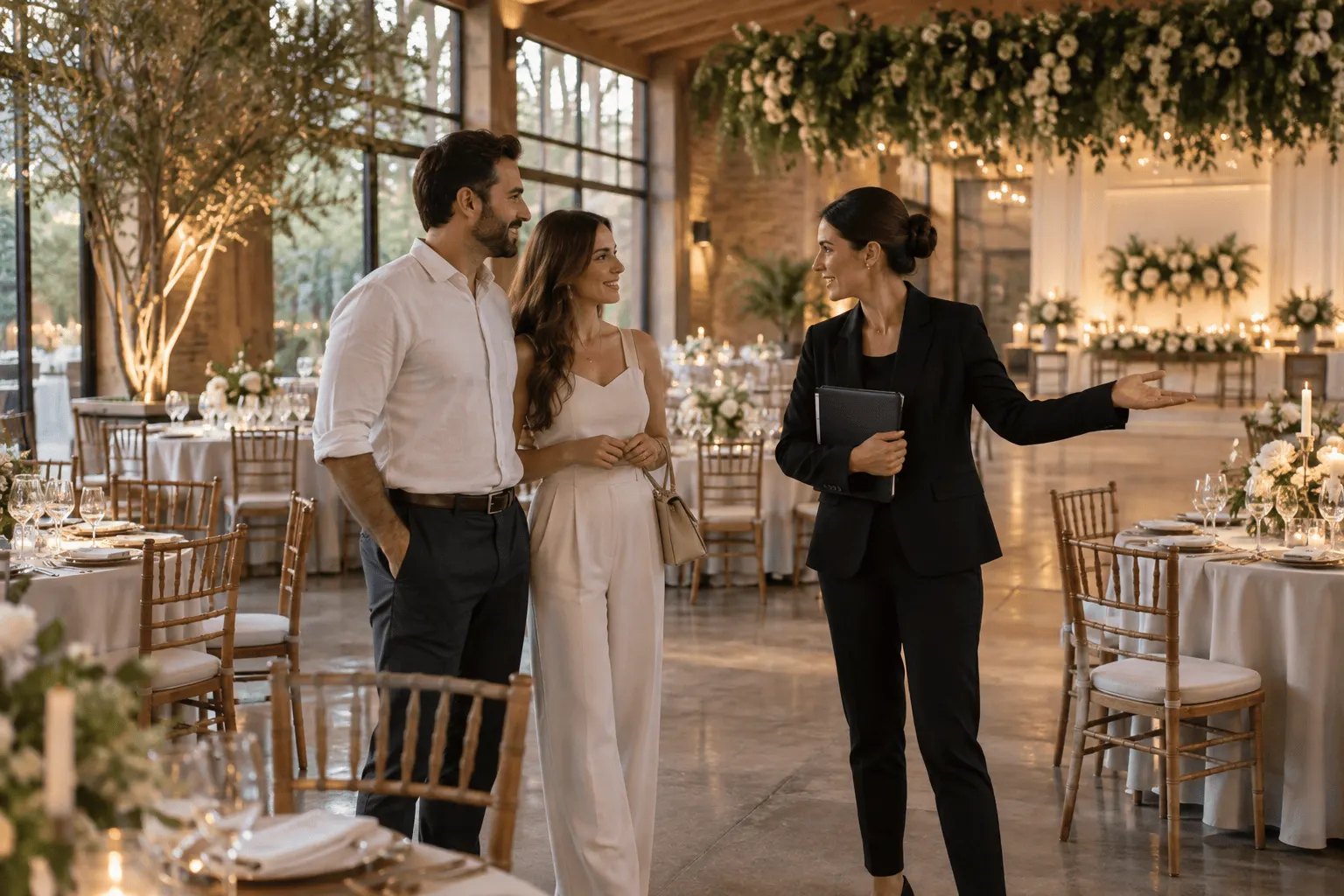 Casal e assessora fazem visita técnica ao espaço do casamento