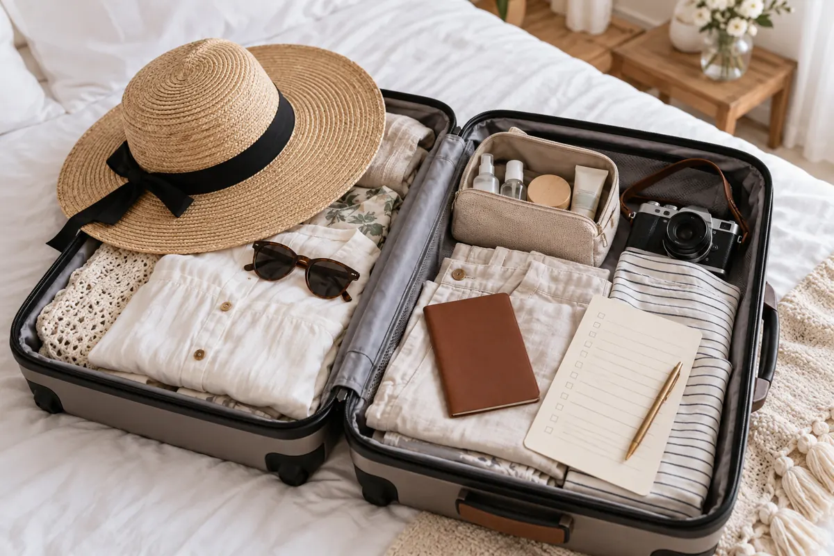 Mala organizada com roupas leves e acessórios para a viagem de lua de mel