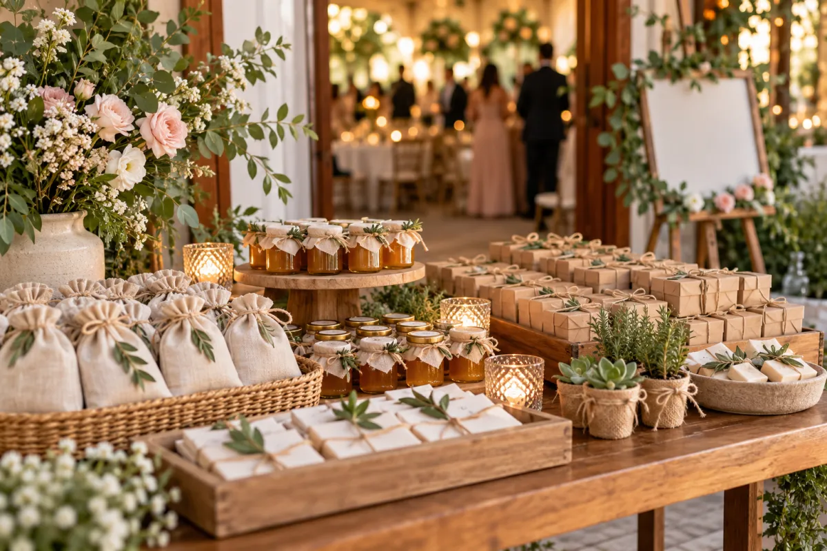 Mesa organizada com lembrancinhas úteis e comestíveis para convidados de casamento