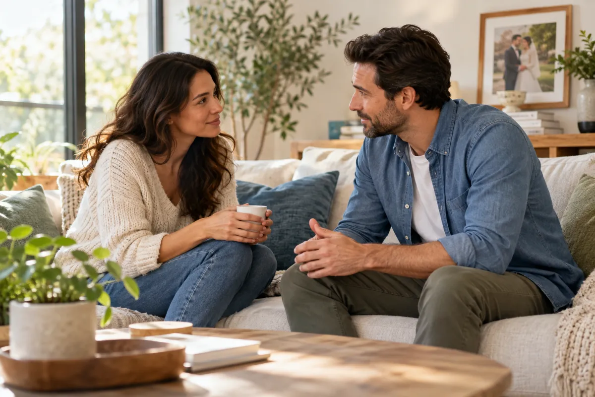 Casal conversando com atenção e respeito na sala de casa