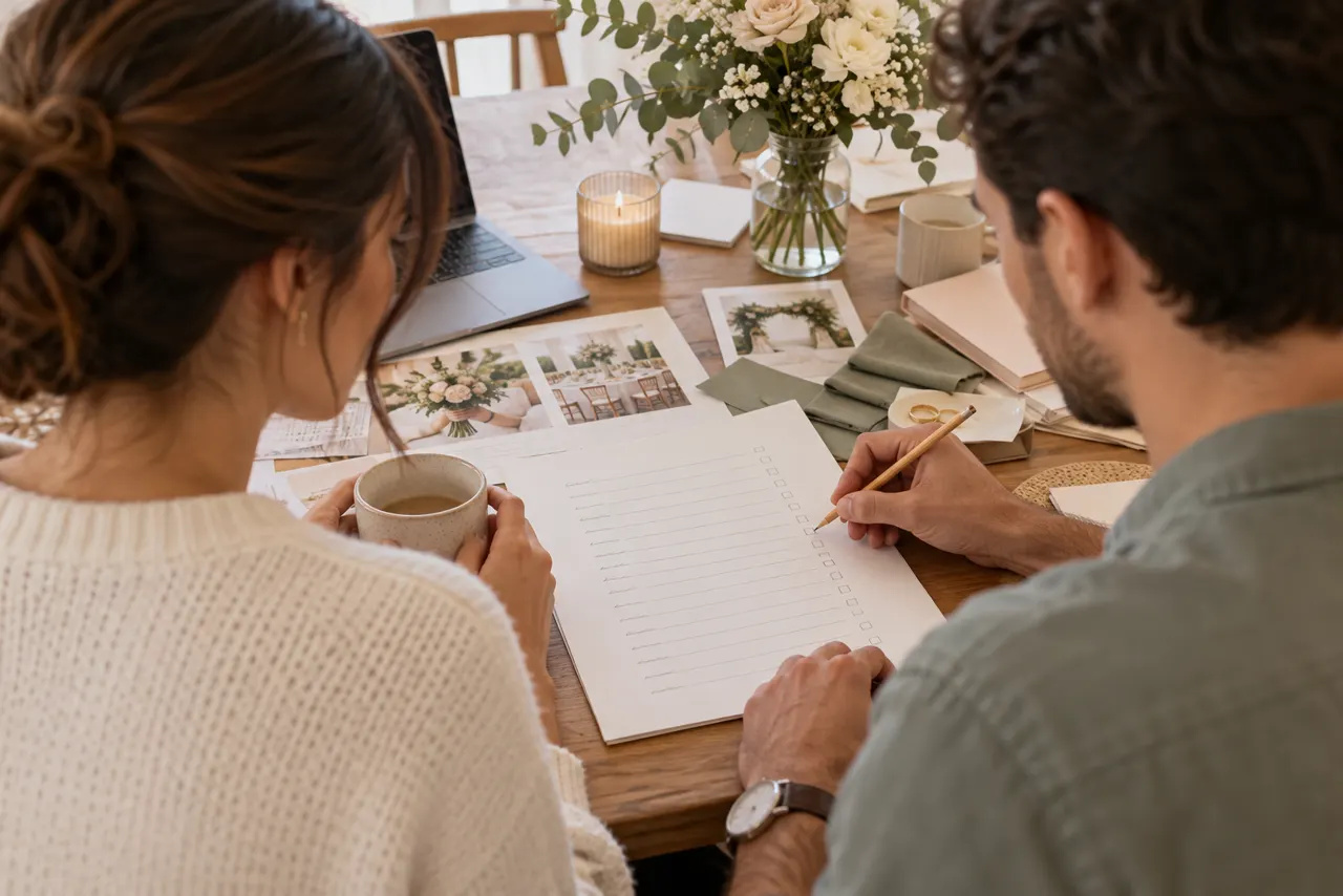 Casal revisando uma lista de convidados em papel