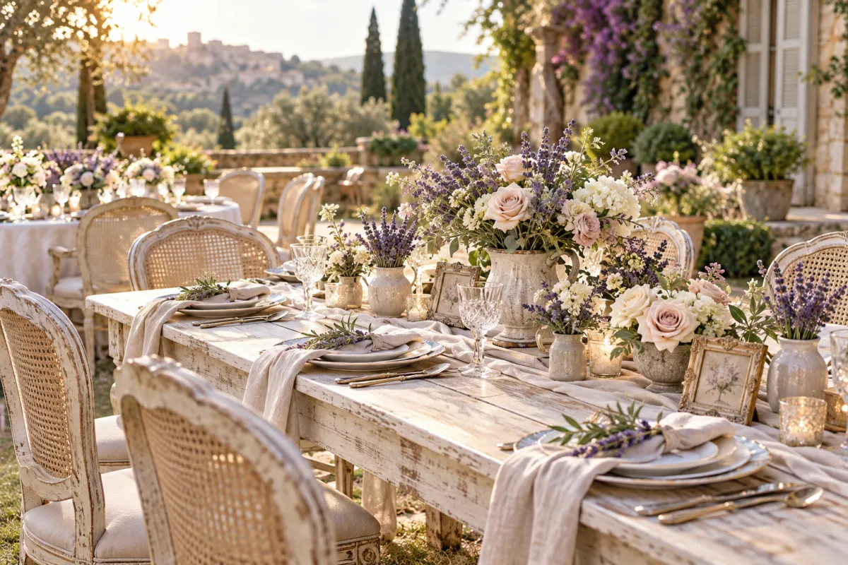 Mesa de casamento provençal com lavanda, rosas e móveis claros em jardim