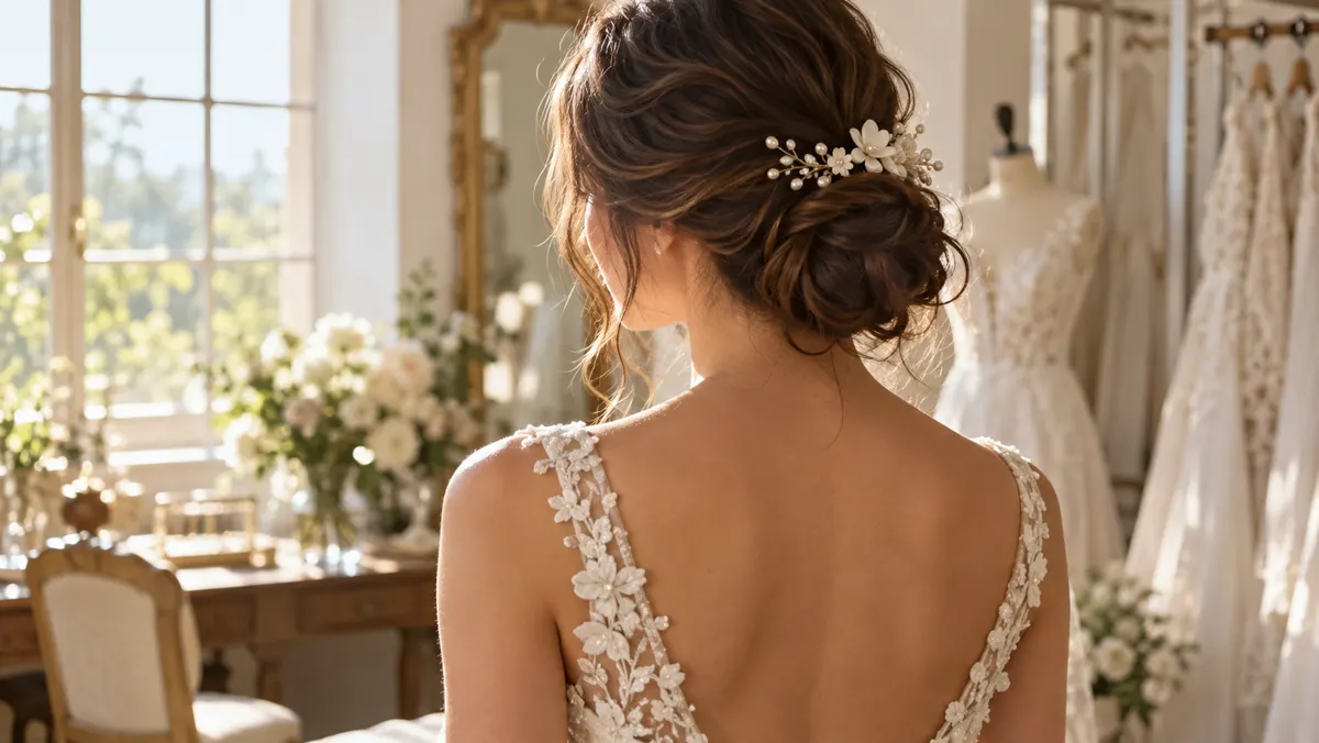 Presilha floral e pérolas em coque de noiva