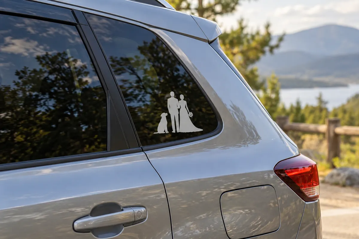 Adesivo de silhueta de casal e cachorro no vidro lateral traseiro de um carro