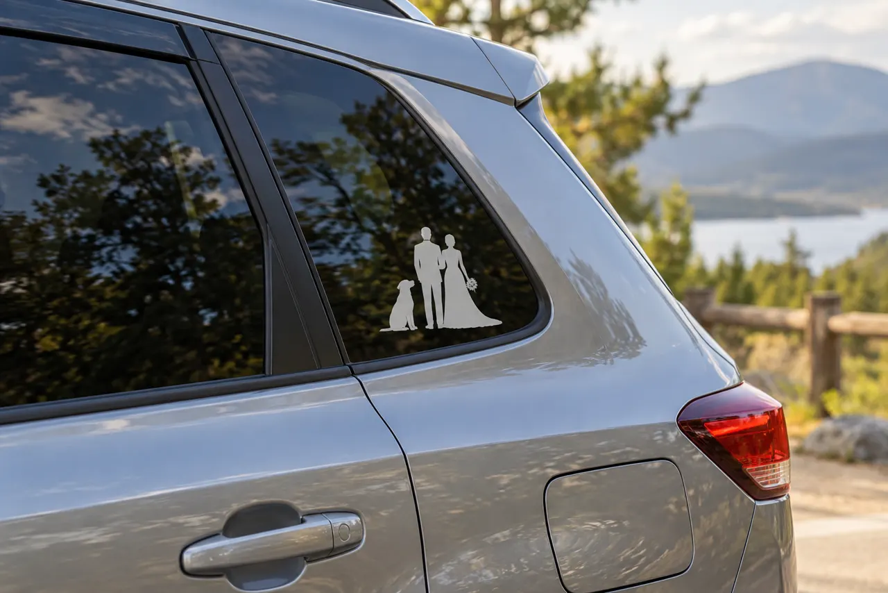 Adesivo de silhueta de casal e cachorro no vidro lateral traseiro de um carro