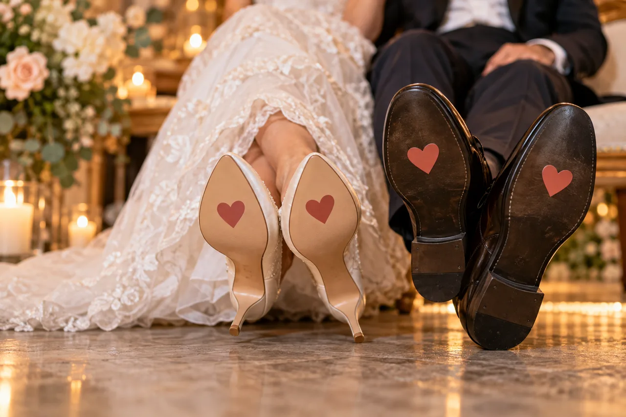 Solas dos sapatos dos noivos decoradas com adesivos de coração