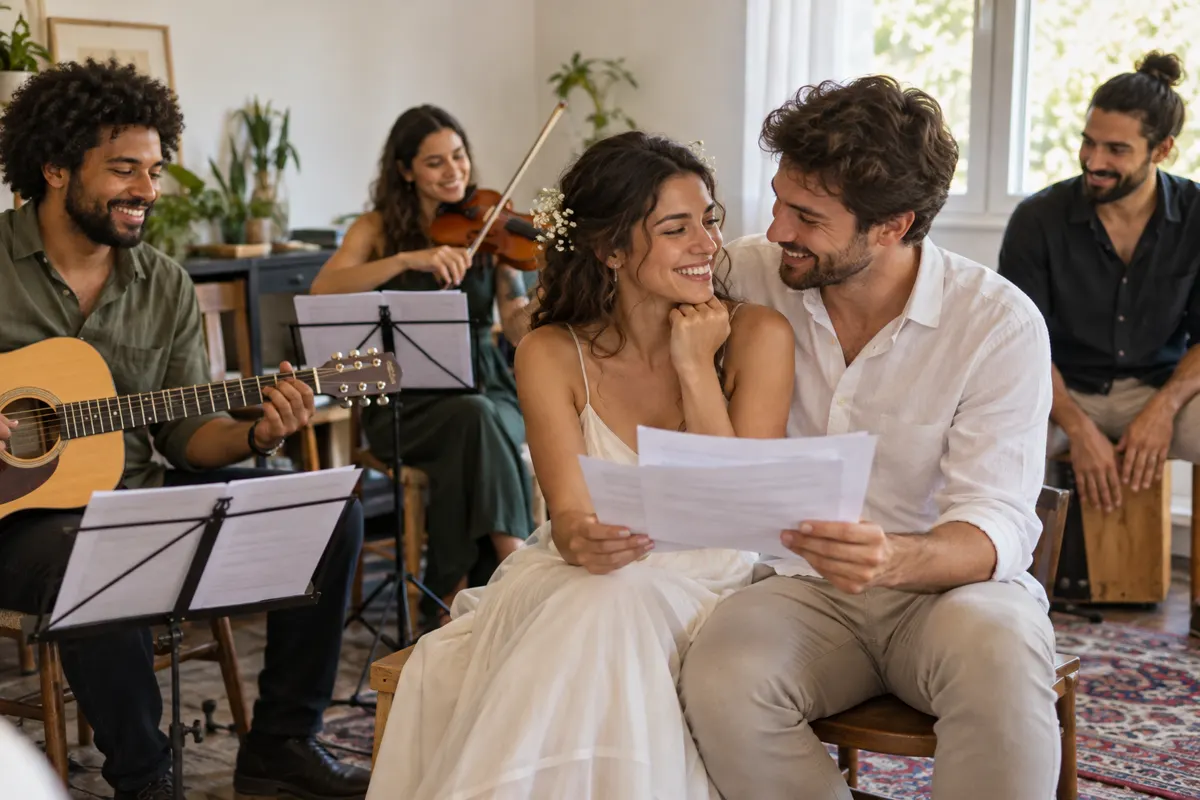 Ilustração editorial de casal e músicos ensaiando uma canção para o casamento
