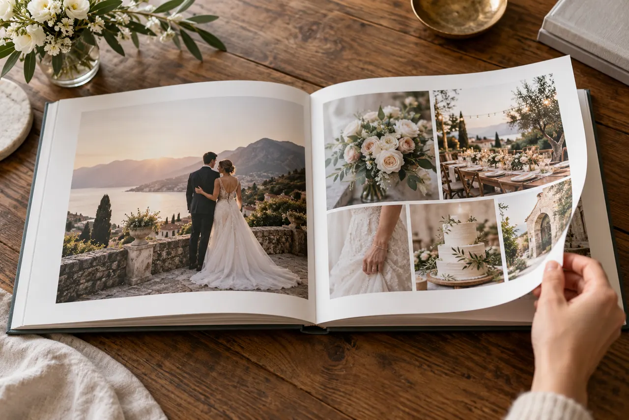 Álbum panorâmico de casamento aberto sobre uma mesa