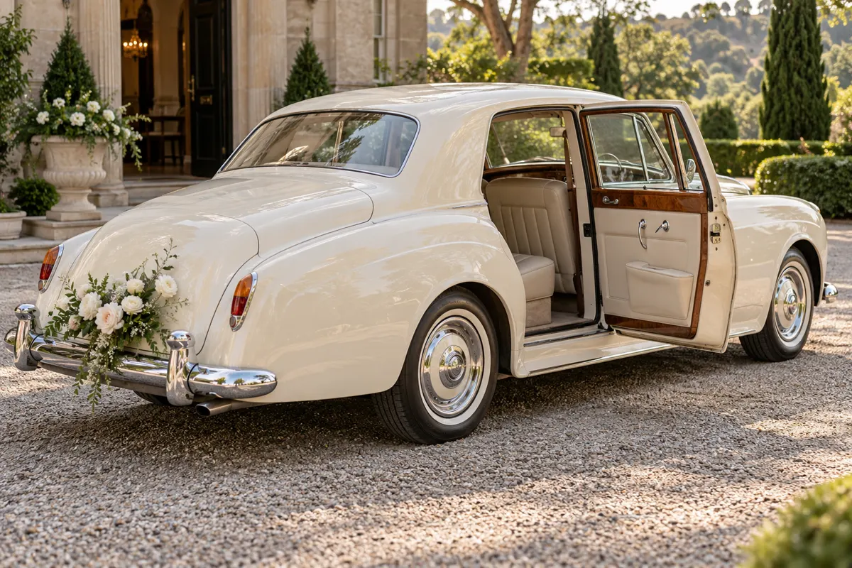 Carro antigo claro com porta traseira aberta na entrada de um local de casamento