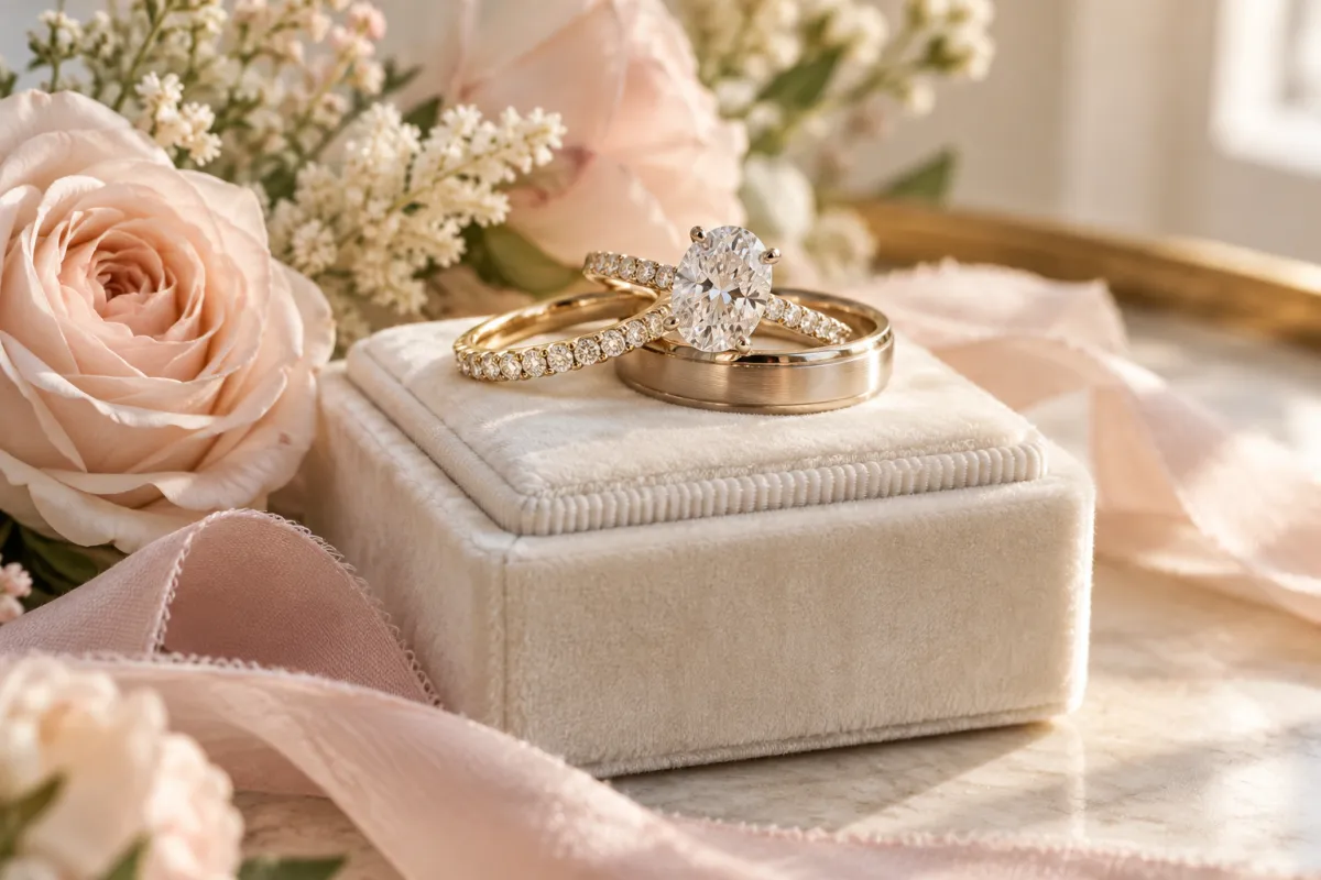 Anel de noivado e alianças de casamento sobre caixa de veludo