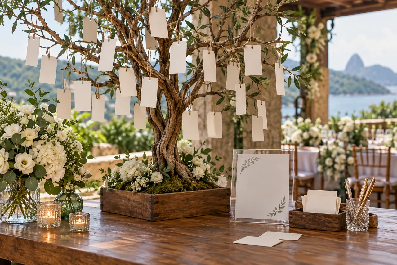 Árvore de recados com cartões pendurados em mesa de casamento