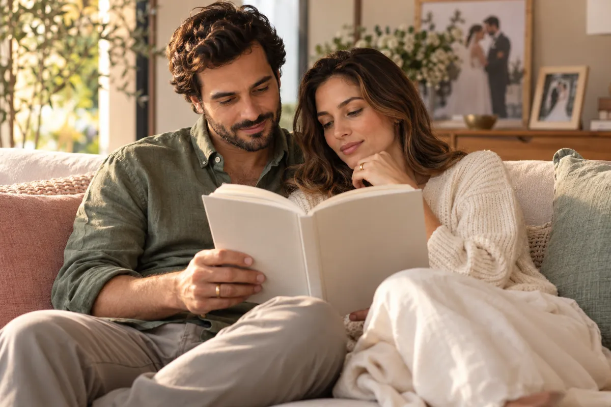 Casal lendo junto um livro sobre as diferentes fases do casamento