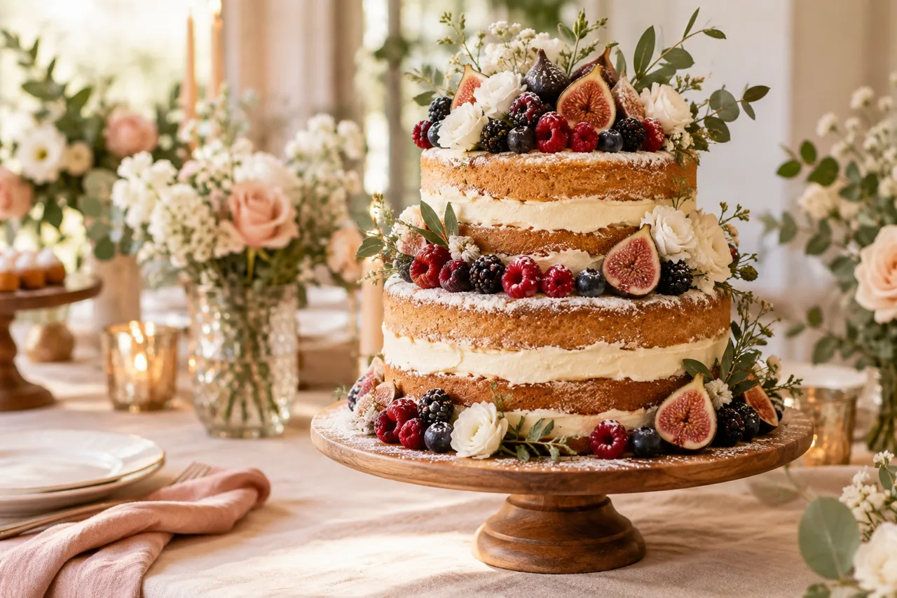 Naked cake de casamento decorado com frutas vermelhas, figos e flores claras