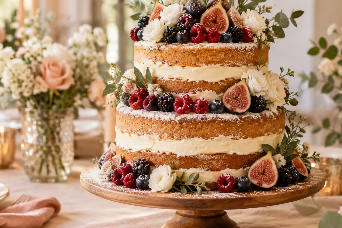 Naked cake de casamento com camadas de creme, frutas vermelhas, figos e flores claras