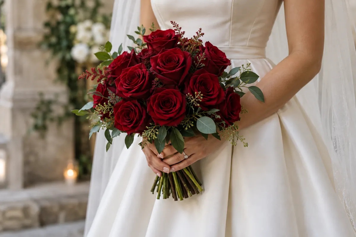 Buquê compacto de rosas vermelhas com folhagens nas mãos da noiva