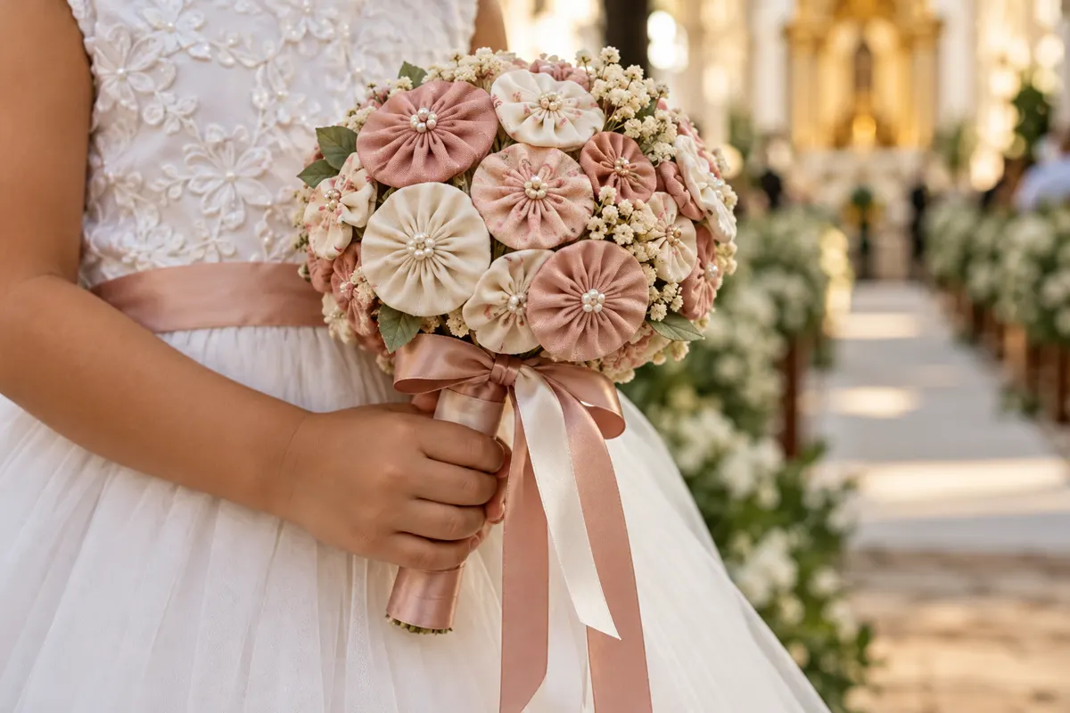 Detalhes das flores de tecido no buquê da daminha