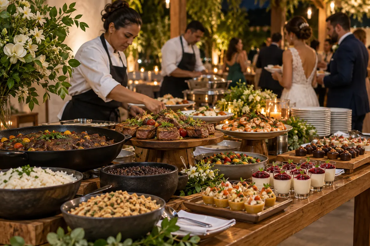 Buffet de casamento com pratos quentes, saladas e pequenas sobremesas