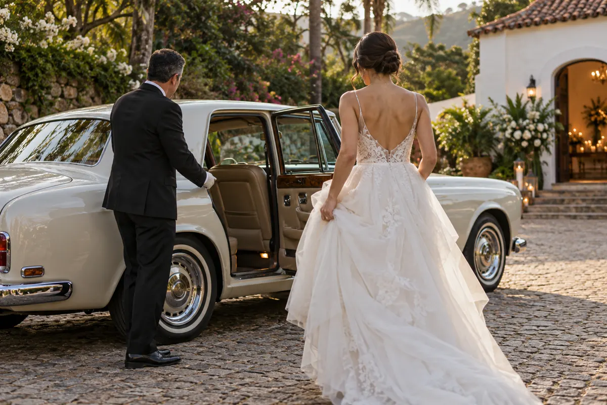 Noiva se aproxima de carro clássico com motorista em local de casamento