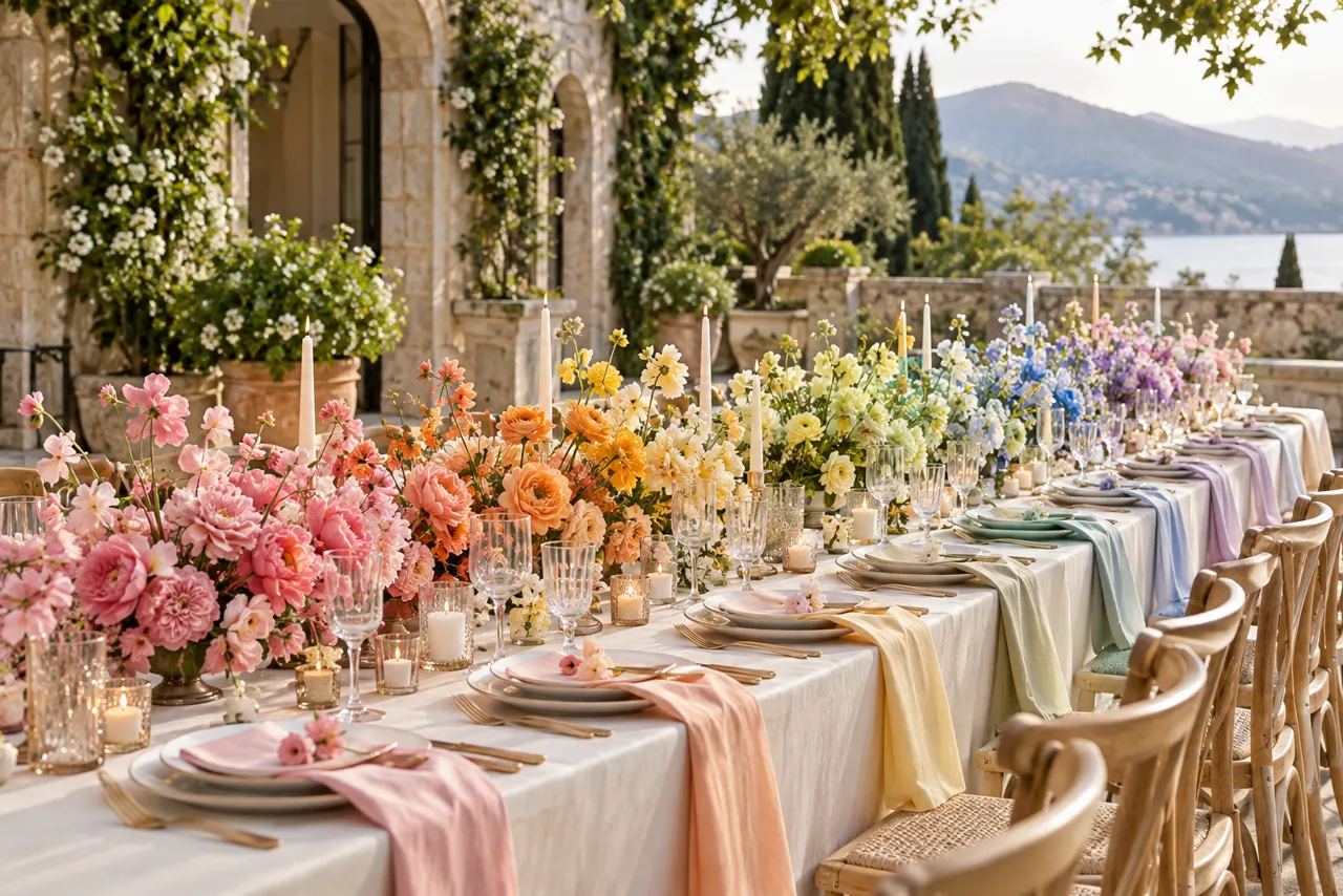 Mesa de casamento com flores em gradiente de cores e base de tecido claro