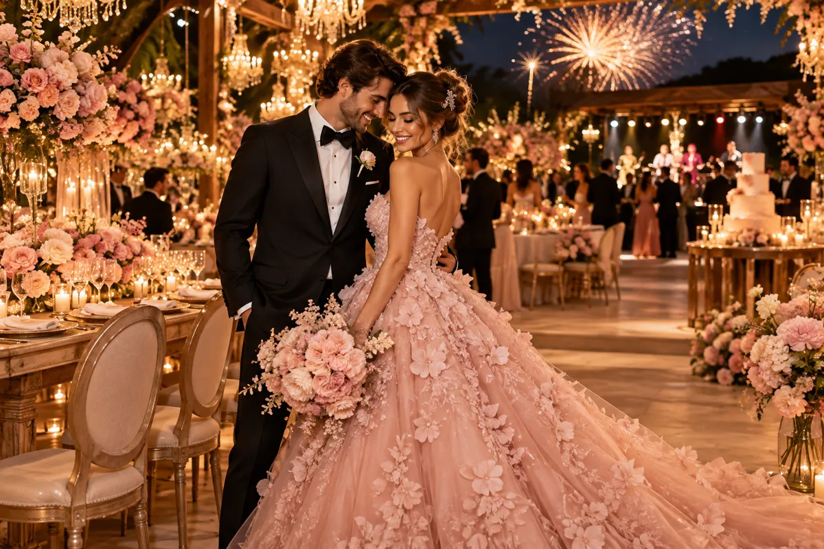Casal em festa de casamento noturna com noiva usando vestido rosa volumoso