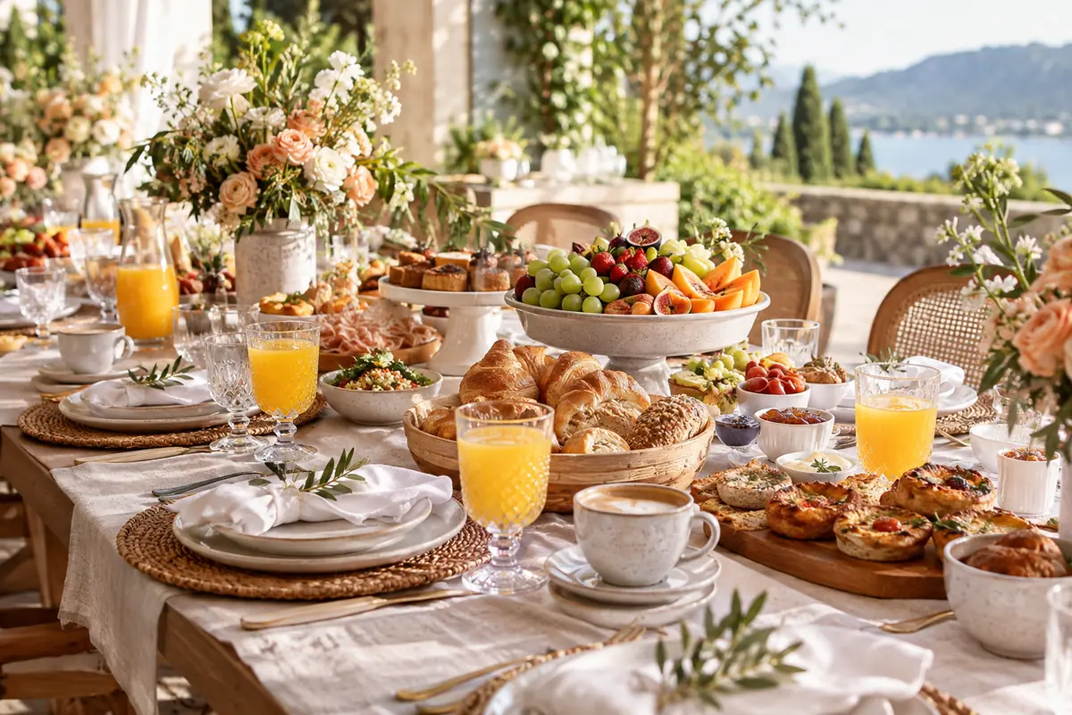 Mesa de brunch com frutas, pães, café e sucos para casamento de manhã
