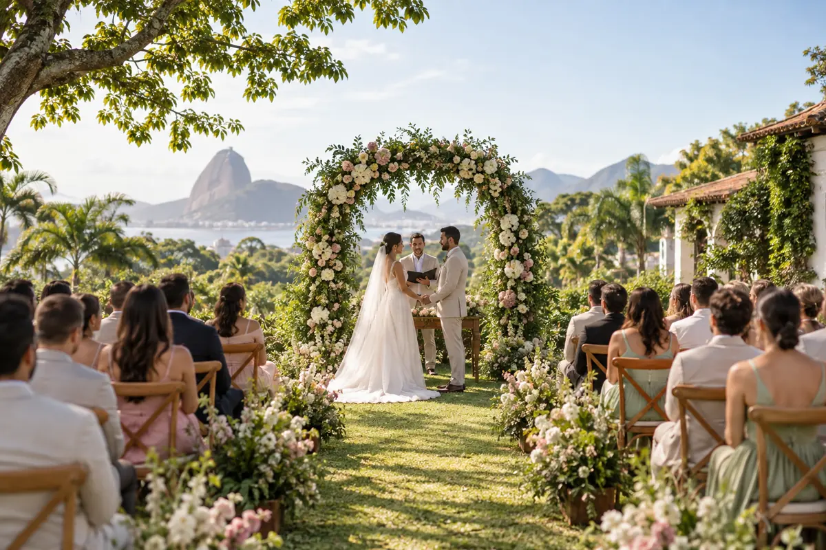 Cerimônia de casamento pela manhã em jardim com luz natural